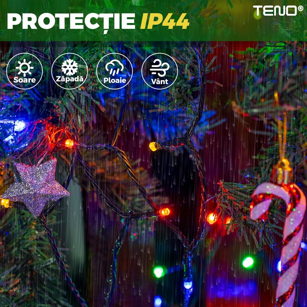 Instalatie de Craciun Liniara Teno®, 15 m, 8 jocuri de lumini, alimentare la priza, interior/exterior, rezistenta la apa, 200 LED-uri, multicolor