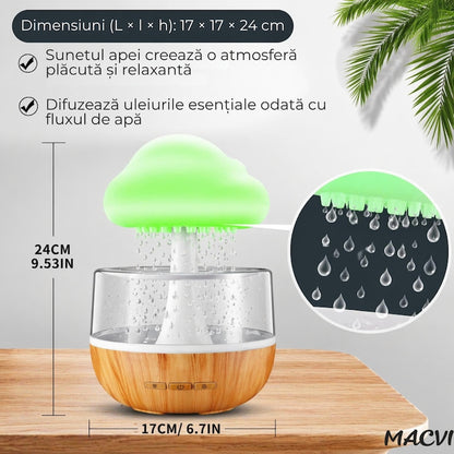 Umidificator si Difuzor Aromaterapie Macvi® Nor de Ploaie, 7 Culori LED, Sunet Relaxant, USB, 400 ml