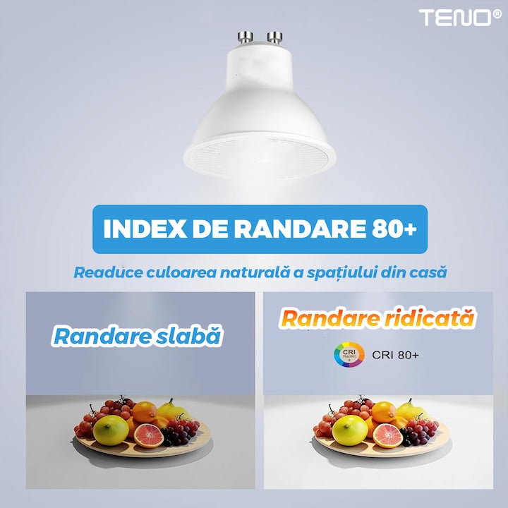 Bec LED GU10 Teno®, durata de viata de 20.000 de ore, temperatura culoare 6400K, 5W, 450 lm, tensiune alimentare 220-240V, alb rece