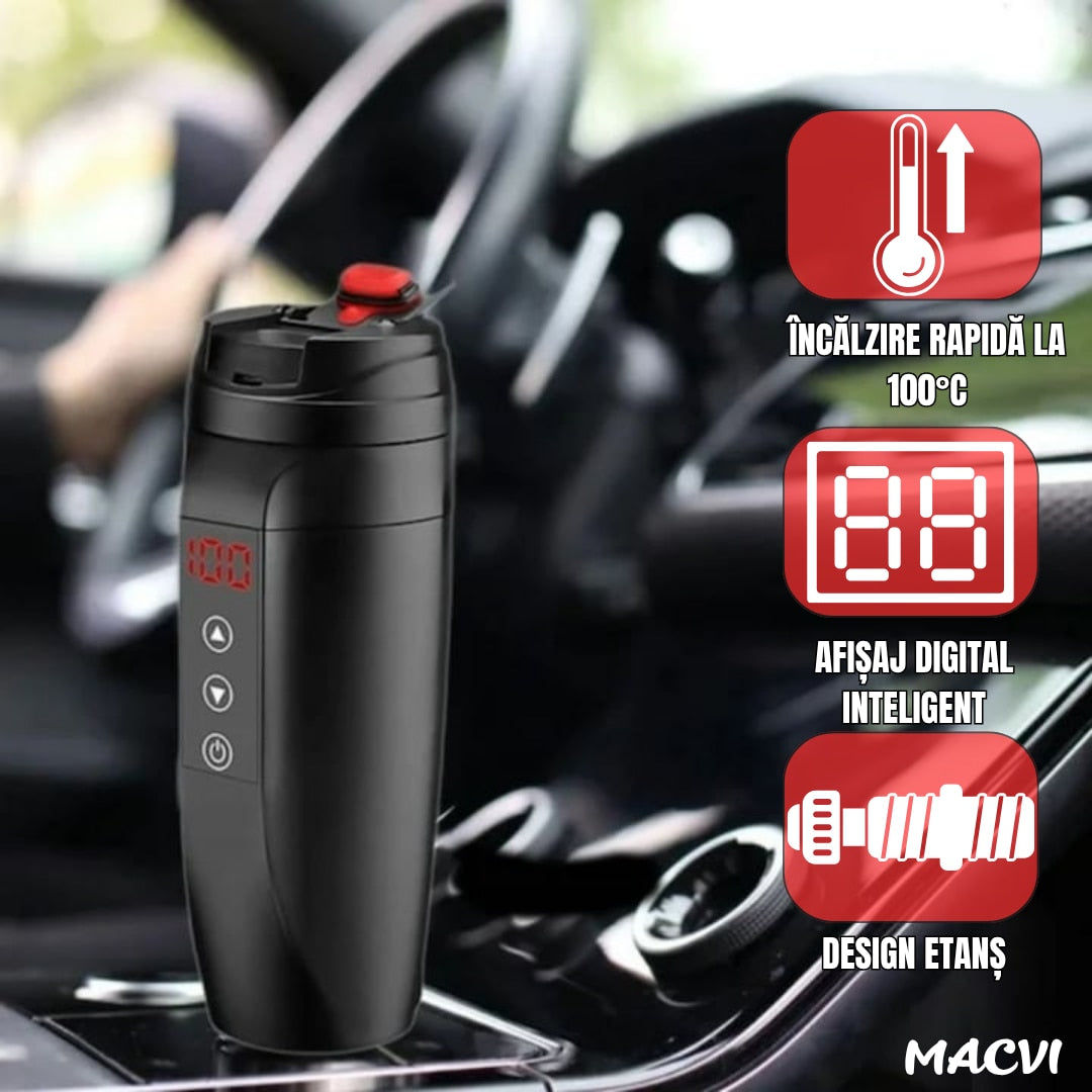 Cana inteligenta tip termos Macvi®, afisaj temperatura, inox premium, etansa, incarcare auto 12V/24V, 0.45L, negru