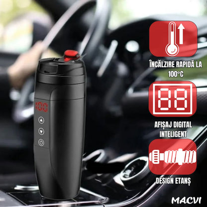 Cana inteligenta tip termos Macvi®, afisaj temperatura, inox premium, etansa, incarcare auto 12V/24V, 0.45L, negru