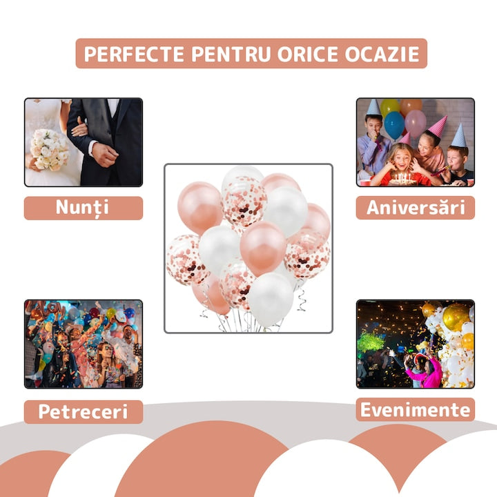 Set 15 Baloane Teno®, Confeti, pentru Petreceri/Aniversari/Evenimente, o singura dimensiune, 3 culori, latex, roz/alb/transparent