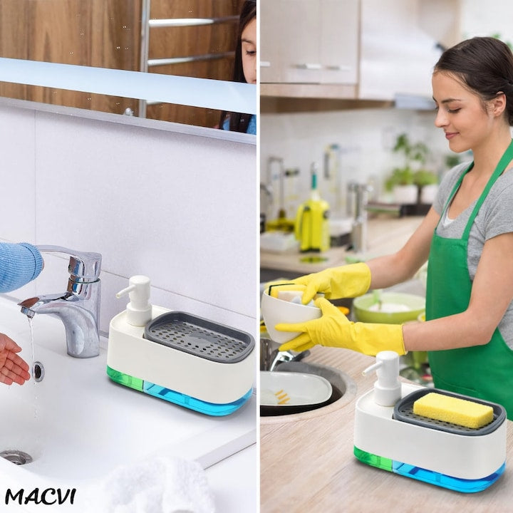 Dozator sapun Macvi® cu pompa dubla si suport burete dozator detergent vase si sapun de maini design compact pentru chiuveta