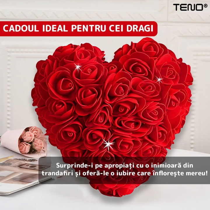 Inimioara din Trandafiri de Spuma Teno®, floral rosu, handmade, cutie transparenta, eleganta si naturala, nemuritoare, 15 cm