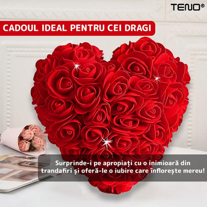 Inimioara din Trandafiri de Spuma Teno®, floral rosu, handmade, cutie transparenta, eleganta si naturala, nemuritoare, 15 cm