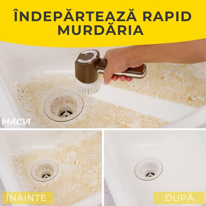 Perie electrica de curatare MACVI, fara fir, 350 RPM, set cu 5 capete interschimbabile, pentru bucatarie si baie