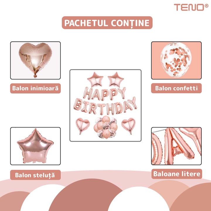 Set 27 Baloane Teno®, Litere, pentru Petreceri/Aniversari/Evenimente, confetti, stelute, inimioare, model HAPPY BIRTHDAY, rose gold