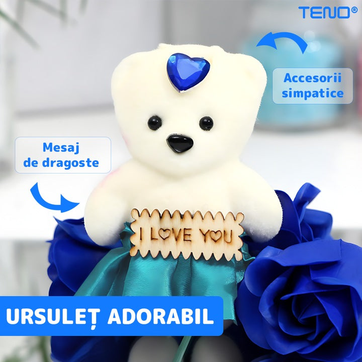 Ursulet cu Trandafiri din Sapun Teno®, cutie in forma patrata cu buline, mesaj pe tablita din lemn ”I LOVE YOU”, 12trandafiri, fustita si cristal, albastru regal