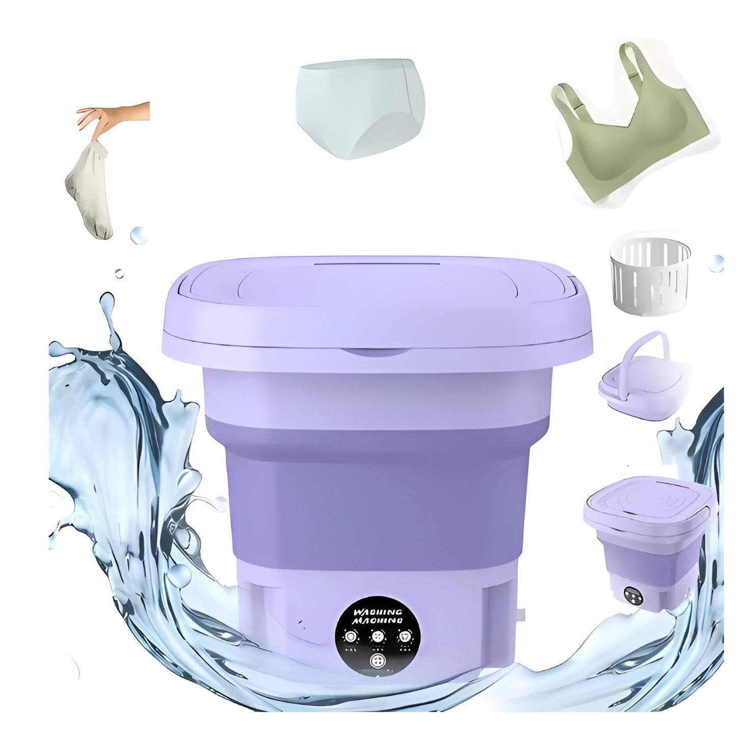 Masina de Spalat Rufe Portabila si Pliabila Macvi®, 6.5L, Functie Stoarcere, 3 Programe de Spalare, Compacta, Mov