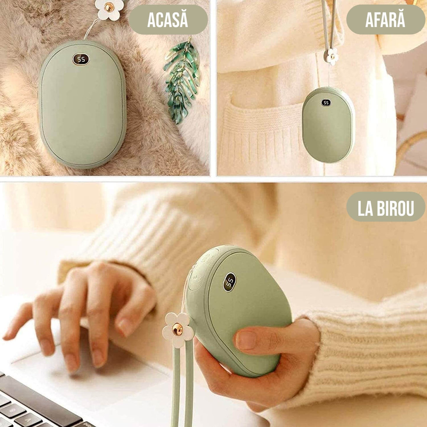 Incalzitor de maini Macvi® 2 in 1, Powerbank 10000mAh, USB, 2 trepte incalzire 45°/55°, compact si portabil, verde