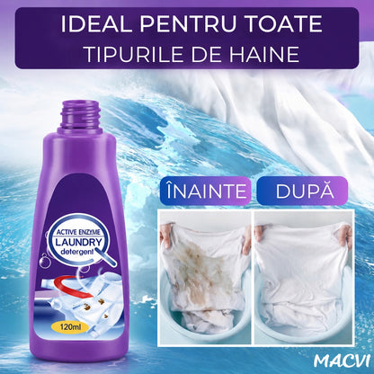 Detergent lichid pentru indepartarea petelor Macvi®, cu enzime active, pentru toate tipurile de haine, 120 ml, actiune imediata