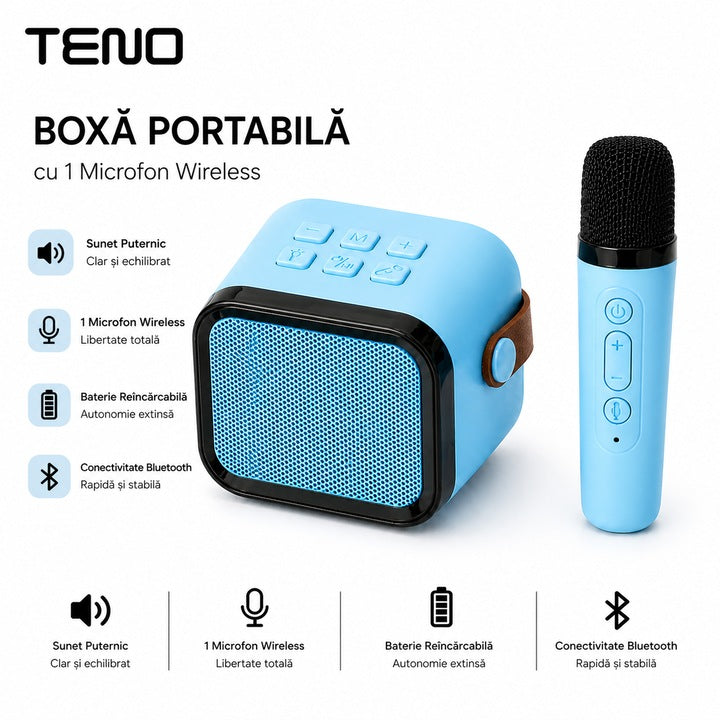 Boxa Portabila Teno®, Karaoke, 1 microfon wireless, RBG, Albastru deschis