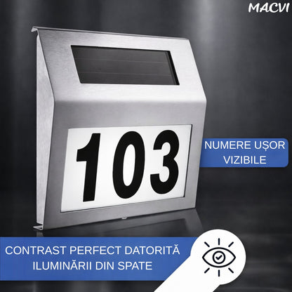 Placa Numar Casa Macvi® cu Iluminare Solara LED Montaj Exterior, Detectie Automata Noapte-Zi, Rezistenta la Intemperii, din Inox