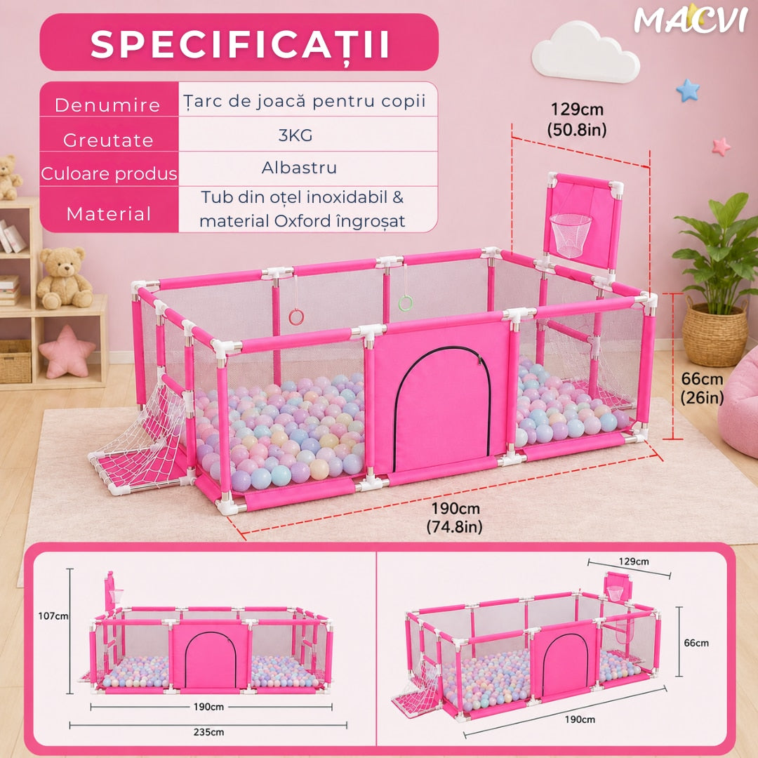 Tarc pentru copii Macvi® 100 bile incluse, gard de siguranta, 6 luni - 6 ani, 190x129x66 cm, usor de montat, otel inoxidabil, Roz