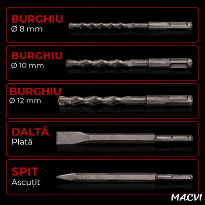 Rotopercutor Macvi 2650W SDS Plus, 3 moduri, 1300 RPM, pentru beton, lemn, zidarie, kit burghie si dalta
