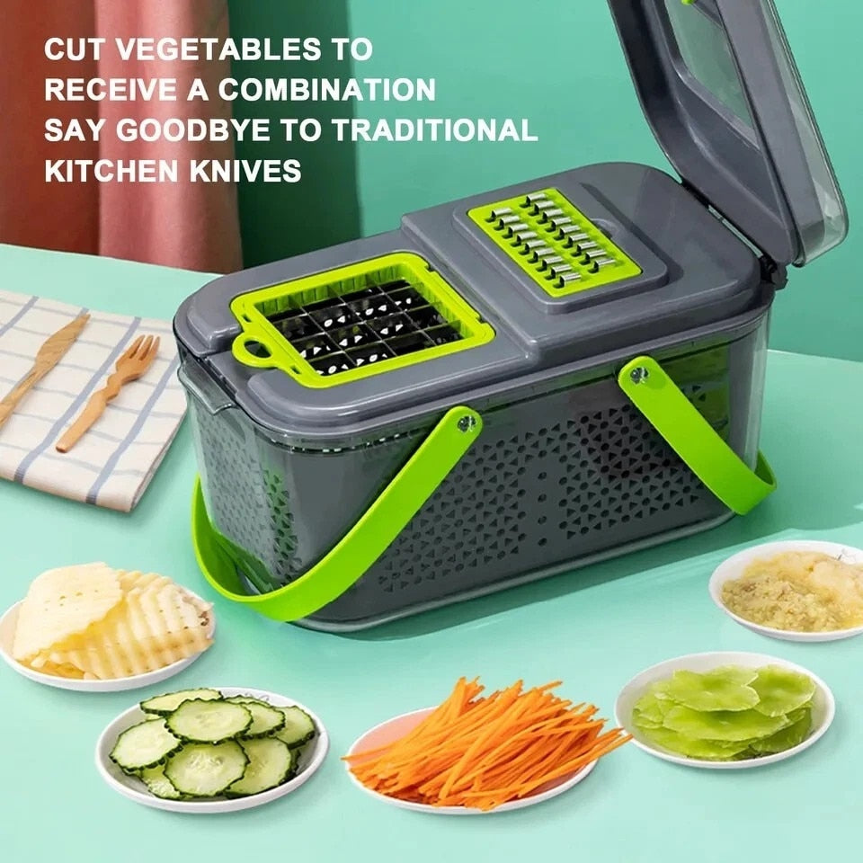 Razatoare multifunctionala Macvi® profesionala 22 piese cu lame inox si recipient colector tocator feliator pentru legume fructe si branzeturi gri verde