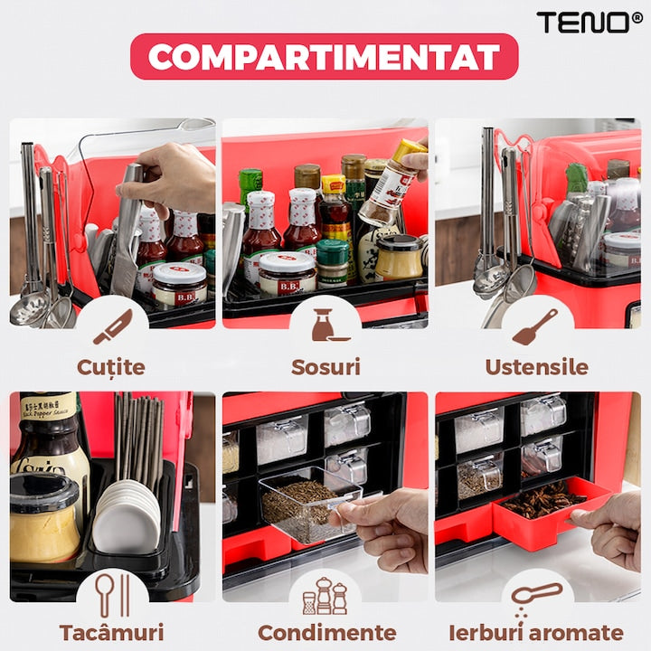 Organizator Multifunctional pentru Bucatarie Teno®, suport sticle, rafturi pentru condimente, cuier pentru ustensile, suport cutite, 46 x 26 x 43 cm, rosu