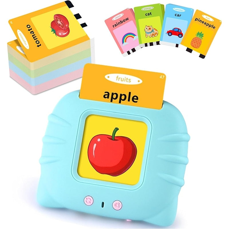 Jucarie educativa Montessori Macvi® masina de invatare limba engleza cu cititor carduri flash 112 carduri 224 cuvinte sunete interactive incarcare MicroUSB Roz 2 ani+