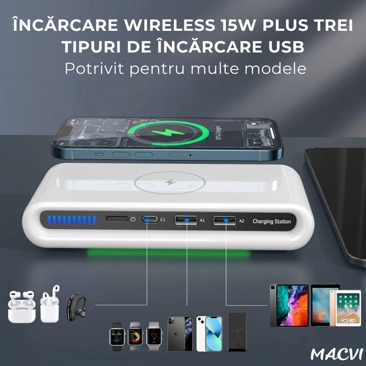 Incarcator fara fir Macvi® 4 in 1 cu conectare USB-C si 2 sloturi USB
