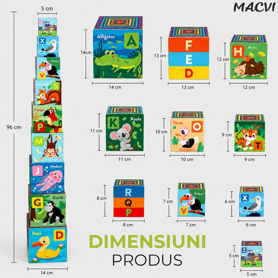 Turn Montessori cu 10 cuburi Macvi® joc educativ, creativ, invatarea alfabetului