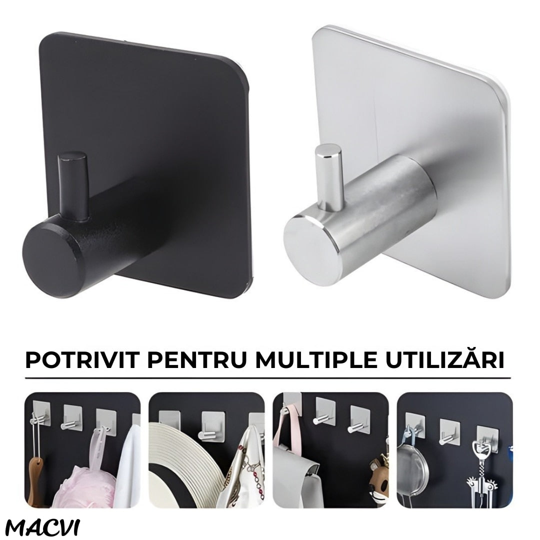 Set 4 cuiere de perete Macvi® din otel inoxidabil, montaj fara gaurire, 2 negre + 2 argintii, rezistente la umiditate, pentru baie si hol