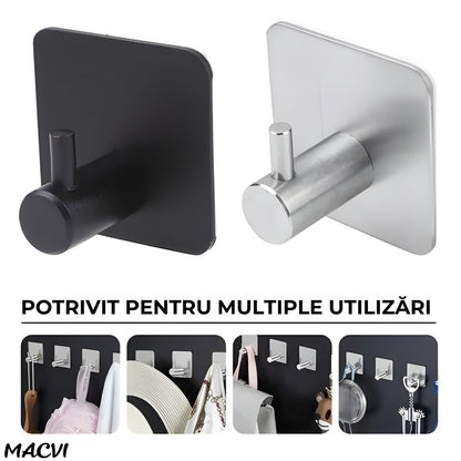 Set 4 cuiere de perete Macvi® din otel inoxidabil, montaj fara gaurire, 2 negre + 2 argintii, rezistente la umiditate, pentru baie si hol