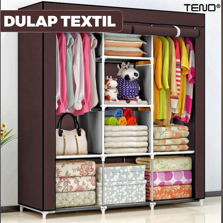 Dulap din Material Textil pentru Haine si Incaltaminte Teno®, impermeabil, 8 rafturi, inchidere fermoar, suport umerase, cadru otel, 170 cm, maro