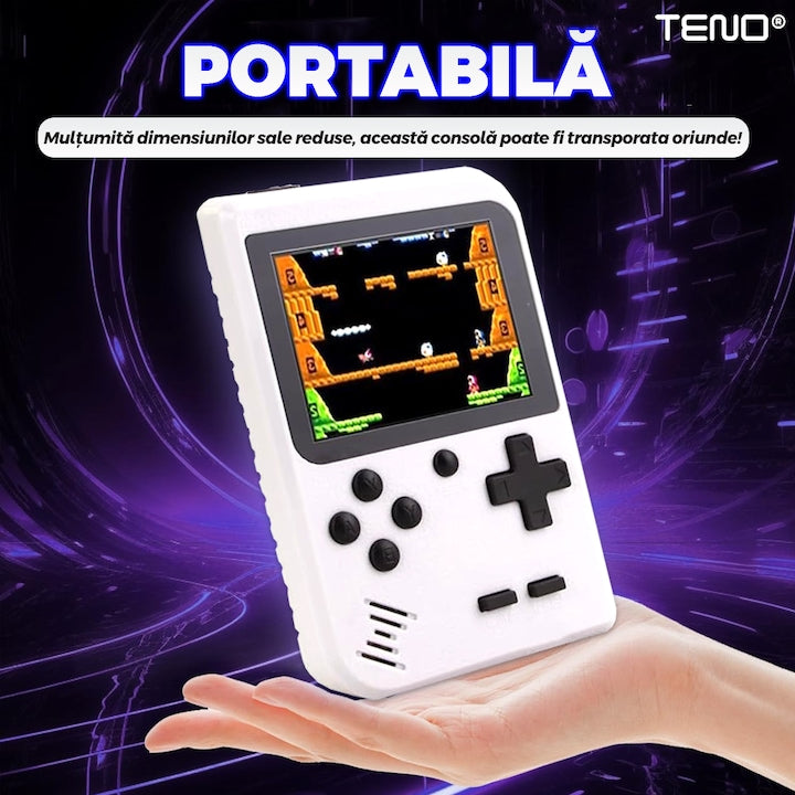 Mini Consola Jocuri Retro Game Box Teno®, SR-90, 400 in 1, rotita volum, portabila, cablu AV, incarcare USB-MINI, autonomie ridicata, 11x8 cm, alb