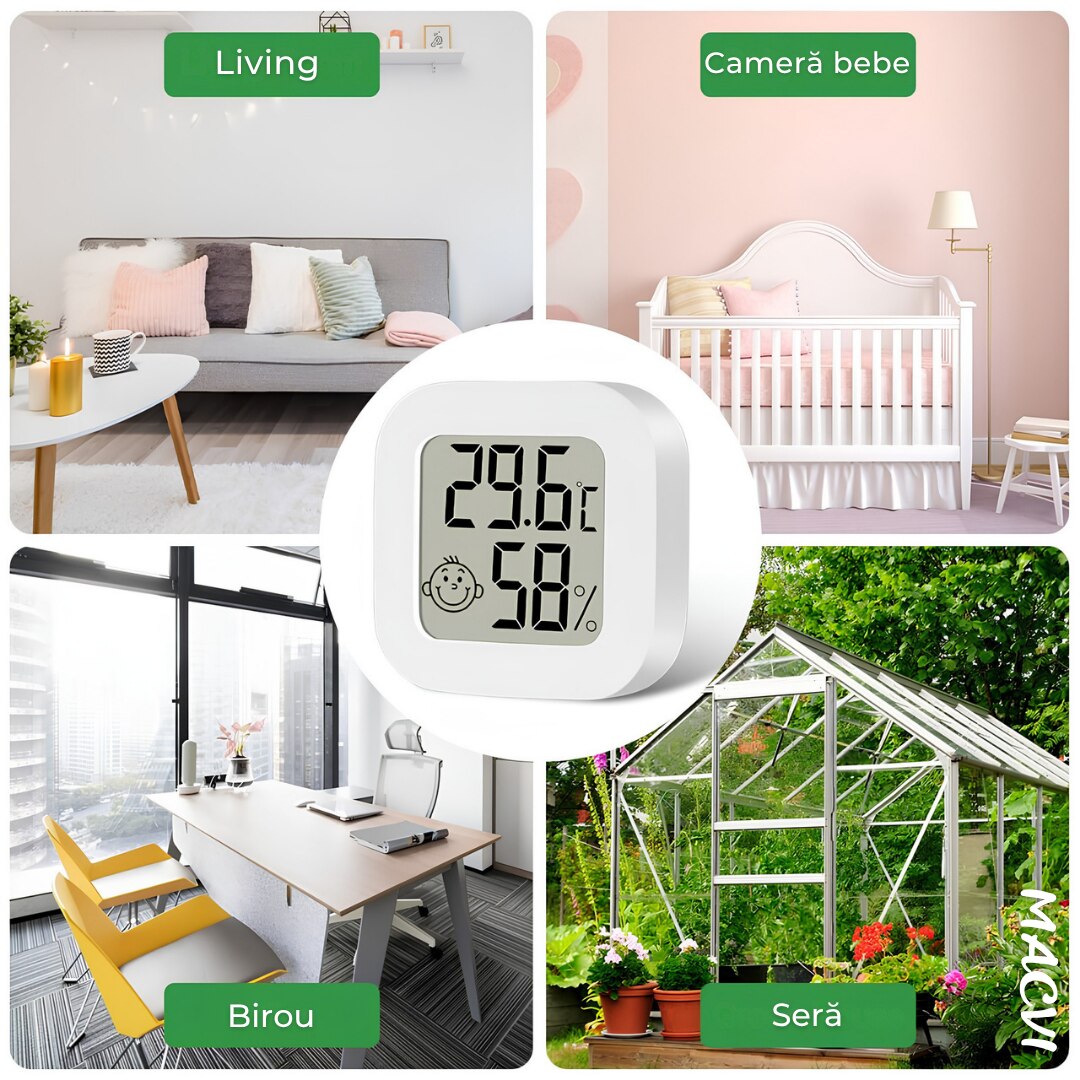 Termometru si higrometru camera Macvi®, indicator comfort, citire 10 secunde, senzor precis, Interval umiditate: 10% - 99% RH, -20°C pana la +60°C, ultra compact, alb