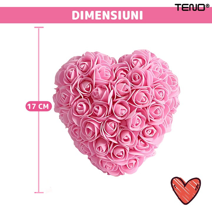 Inimioara din Trandafiri de Spuma Teno®, floral roz, handmade, cutie transparenta, eleganta si naturala, nemuritoare, 17 cm