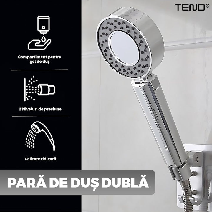 Para de Dus Dubla Teno®, recipient de sapun incorporat, 2 moduri de utilizare, mod presiune ridicata, mod spa, usor de utilizat, operare fara butoane, gri