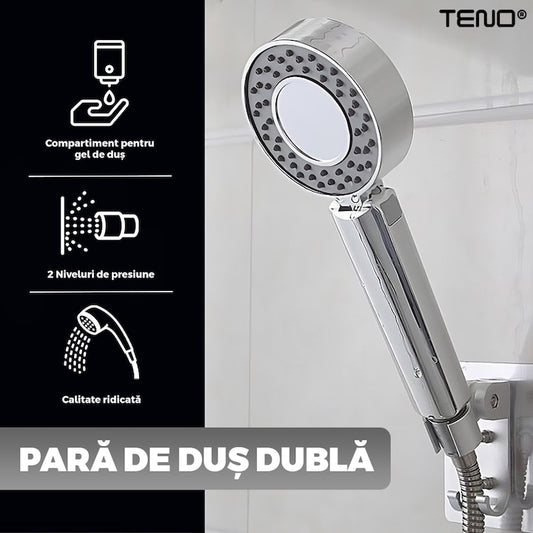 Para de Dus Dubla Teno®, recipient de sapun incorporat, 2 moduri de utilizare, mod presiune ridicata, mod spa, usor de utilizat, operare fara butoane, gri
