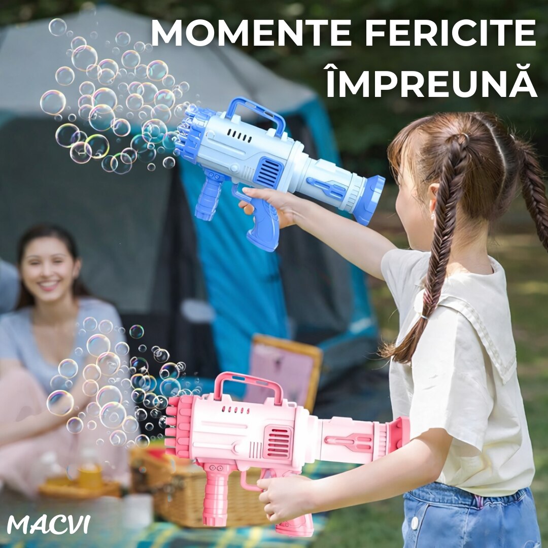 Pistol Baloane Sapun 32 Duze Macvi® tip Bubble Gun cu baterii(neincluse), Ventilator, Albastru