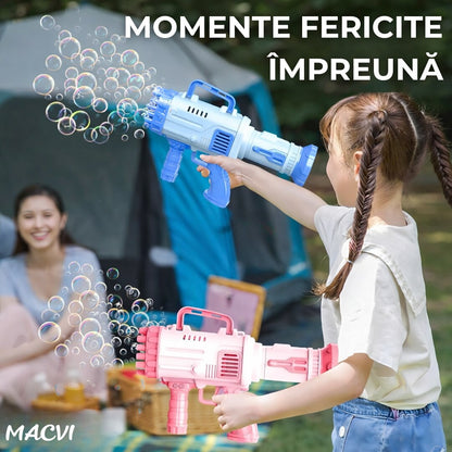 Pistol Baloane Sapun 32 Duze Macvi® tip Bubble Gun cu baterii(neincluse), Ventilator, Albastru