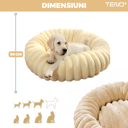 Pat Animale Teno®, captusit, moale, pufos si calduros, pentru caini si pisici, diametru 90 cm, baza anti-alunecare, design dungat, bej