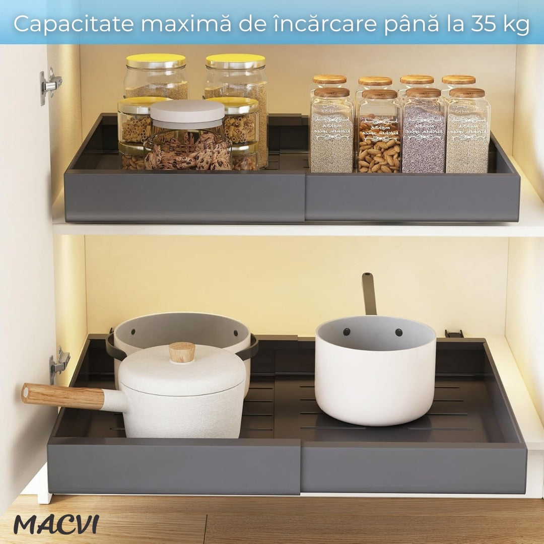 Organizator extensibil Macvi® pentru dulapuri, metal, sertar glisant, montare adeziva, capacitate mare, gri