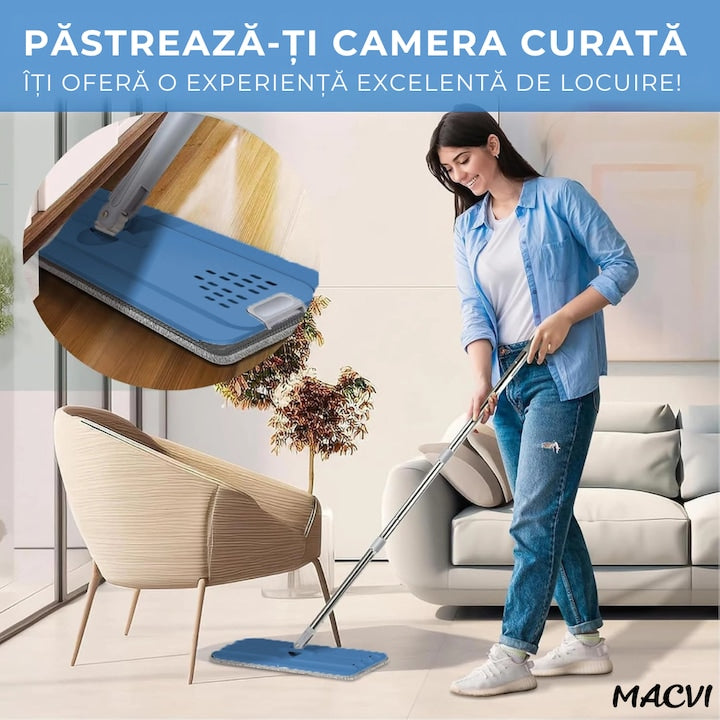 Set curatare Macvi® cu mop plat si galeata cu sistem de stoarcere, scurgere cu dop, coada telescopica si 2 lavete microfibra rezerva
