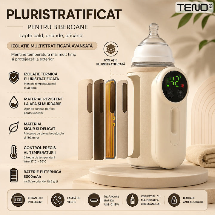 Incalzitor pentru Biberoane Teno®, portabil, 6 trepte de control, ecran LCD, lampa de veghe, compatibilitate multipla, 8000 mAh, crem