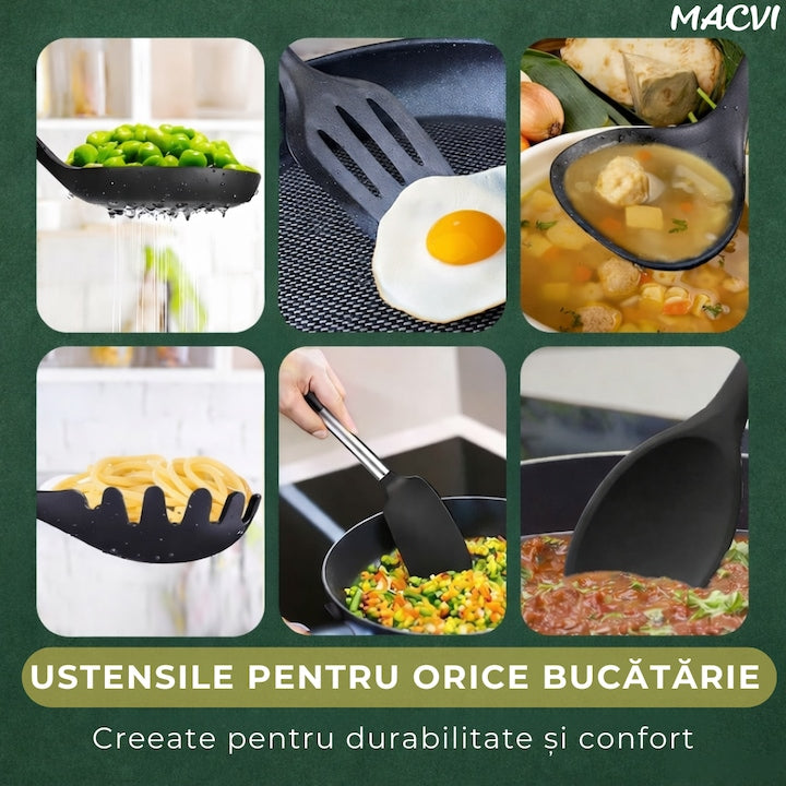 Set 20 Piese Utensile de Bucatarie si Cutite cu Suport Macvi®, Taietor, Ustensile de Silicona, Cutite, Tablita de Taiat si Accesorii pentru Gatit