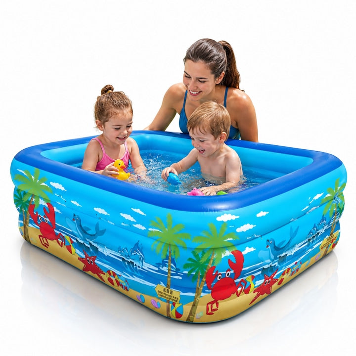 Piscina gonflabila Macvi® 150 x 102 x 50 cm, 3 inele, PVC rezistent, capacitate 84 L, pentru copii si adulti, model tropical, albastru