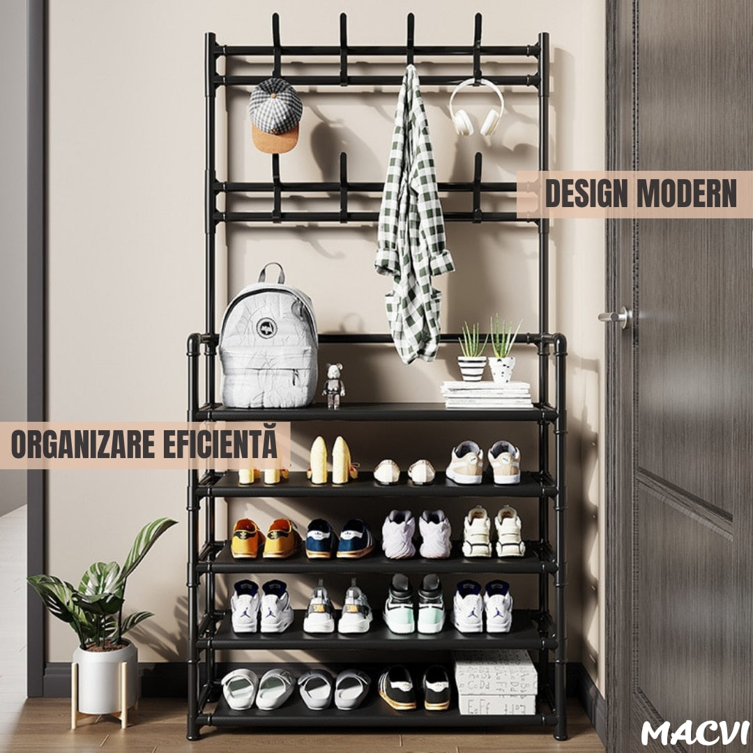 Cuier multifunctional Macvi® pentru haine si incaltaminte, 171x80x26.5 cm, material durabil, design ergonomic si modern, negru