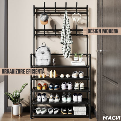 Cuier multifunctional Macvi® pentru haine si incaltaminte, 171x80x26.5 cm, material durabil, design ergonomic si modern, negru