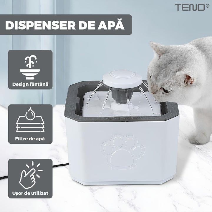 Dispenser de Apa Tip Fantana Teno®, ultra-silentios, pentru caini si pisici, filtru de carbon inclus, usor de utilizat, elimina bacteriile din apa, alimentare USB, desgin modern, alb