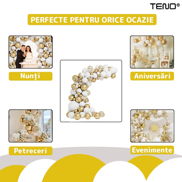 Set 105 Baloane Teno®, Tip Arcada, pentru Petreceri/Aniversari/Evenimente, diverse modele, umplute cu confetti, latex, alb/auriu