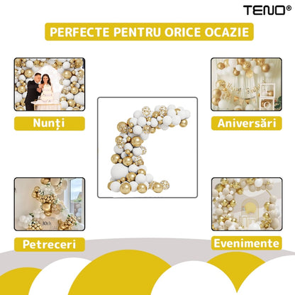 Set 105 Baloane Teno®, Tip Arcada, pentru Petreceri/Aniversari/Evenimente, diverse modele, umplute cu confetti, latex, alb/auriu