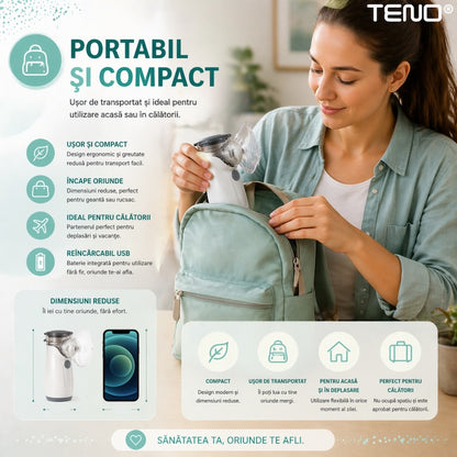Nebulizator pentru copii Teno, particule ultrafine 2.5mm, silentios 30dB, USB, set cu masca adulti si copii
