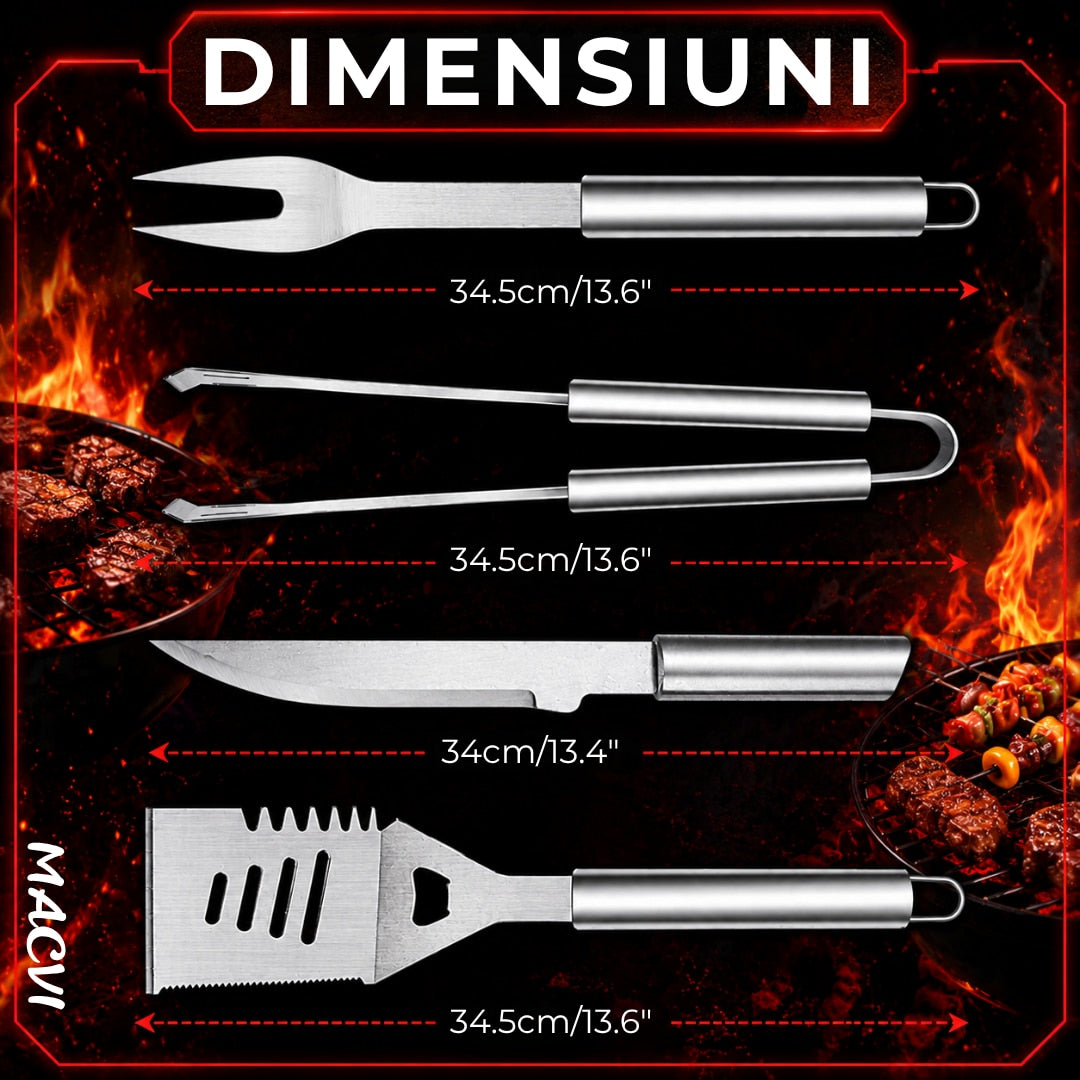 Set 5 ustensile gratar Macvi® din otel inoxidabil premium, geanta transport aluminiu captusita, accesorii pentru un gratar reusit