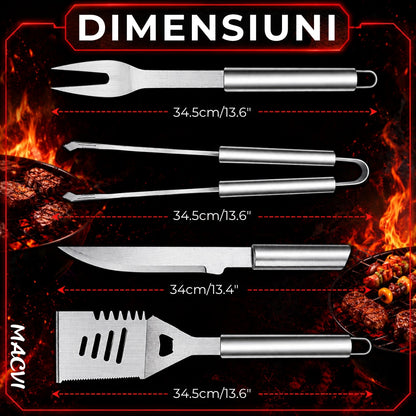 Set 5 ustensile gratar Macvi® din otel inoxidabil premium, geanta transport aluminiu captusita, accesorii pentru un gratar reusit