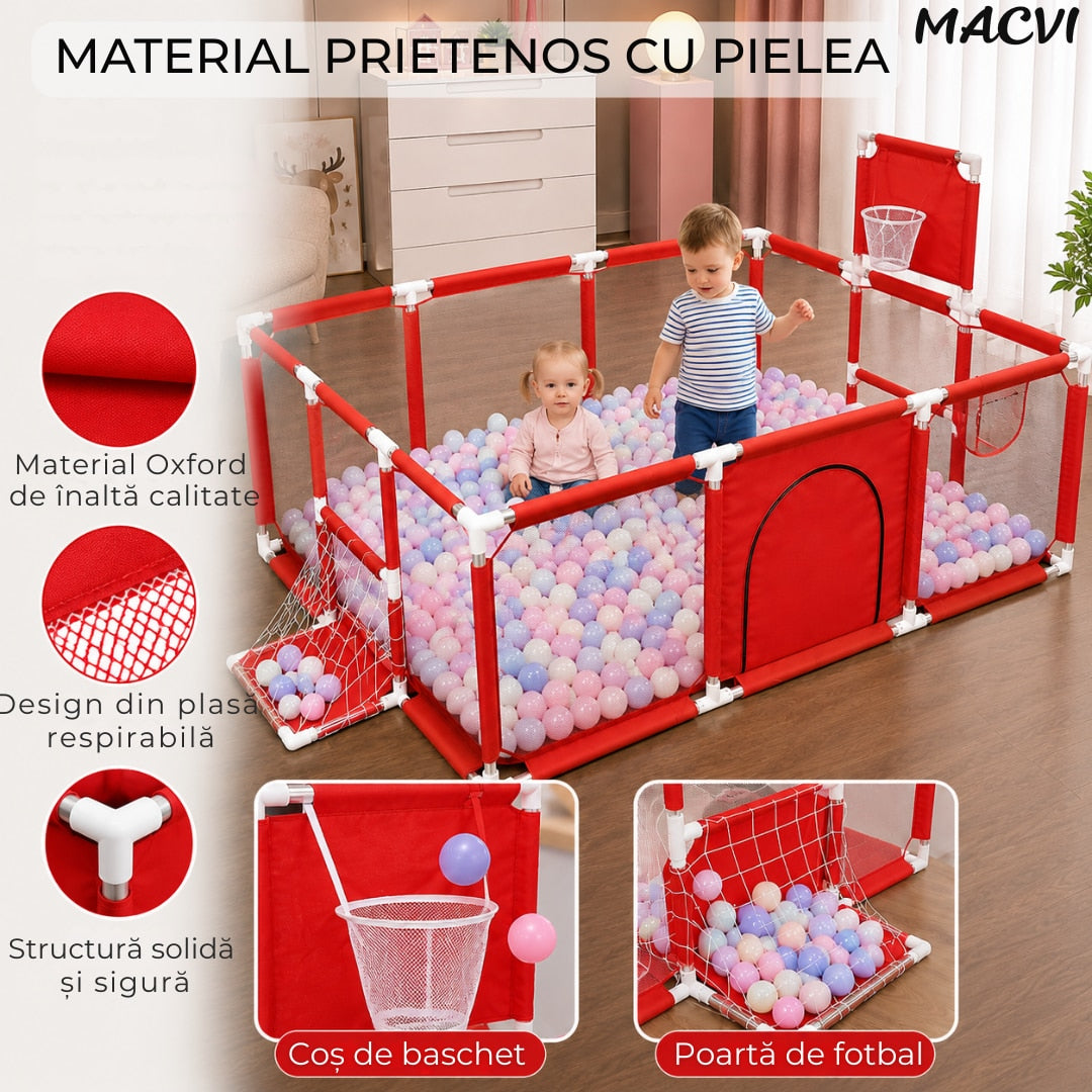 Tarc pentru copii Macvi® 100 bile incluse, gard de siguranta, 6 luni - 6 ani, 190x129x66 cm, usor de montat, otel inoxidabil, rosu