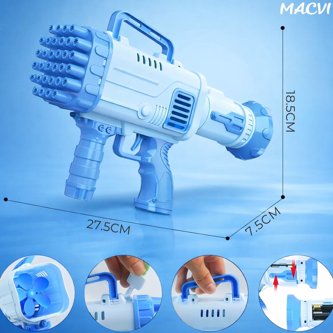 Pistol Baloane Sapun 32 Duze Macvi® tip Bubble Gun cu baterii(neincluse), Ventilator, Albastru